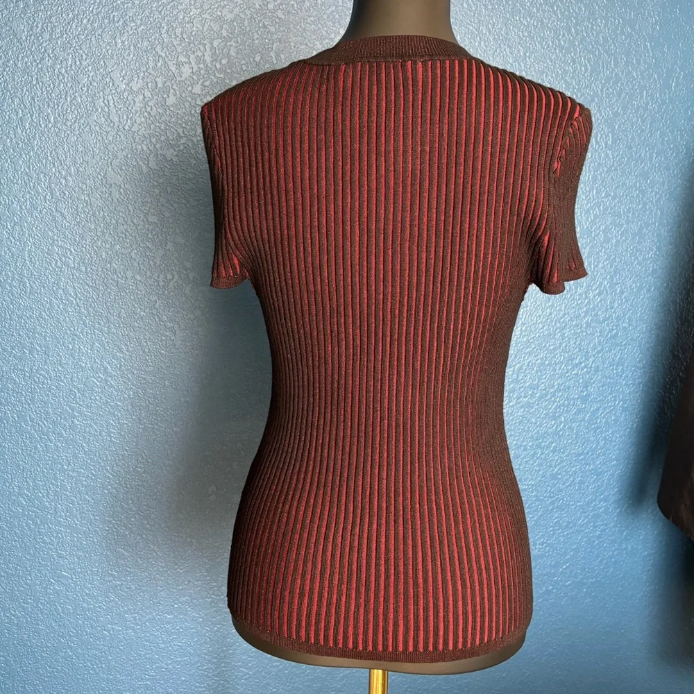 DKNY Black and Red Striped Short Sleeve Top, Shell, form-fitted, stretch - Picture 8 of 13